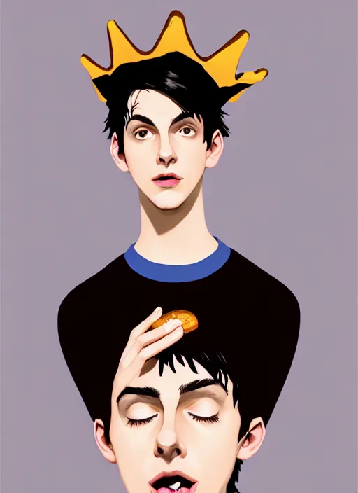 Image similar to portrait of teenage jughead jones wearing a light grey crown, crown, eating hamburger, blue turtleneck, eyes closed, crown, black hair, intricate, elegant, glowing lights, warm lighting, highly detailed, digital painting, artstation, concept art, smooth, sharp focus, illustration, art by wlop, mars ravelo and greg rutkowski