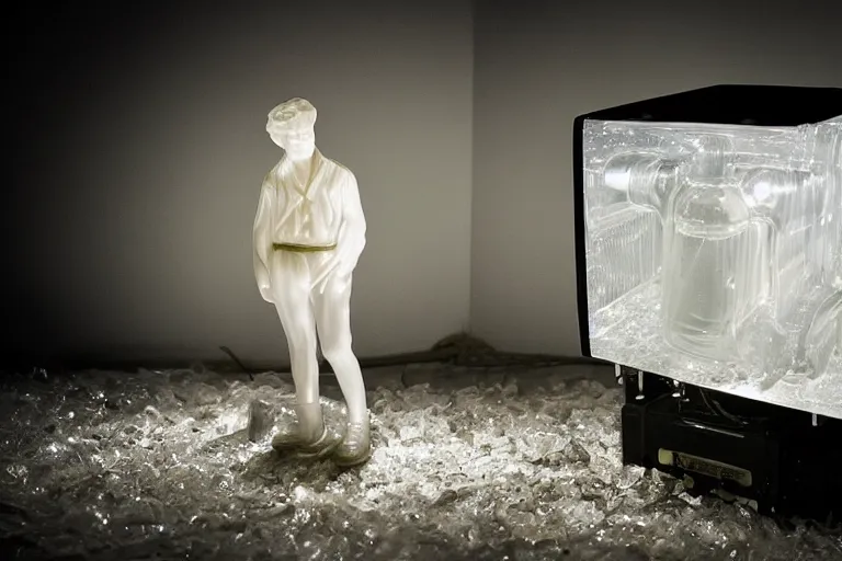 Image similar to clear plastic pipes transporting liquid through a y 2 k crt dreamscape, porcelain figure standing and looking at the pipes, low - light photograph, in style of tyler mitchell