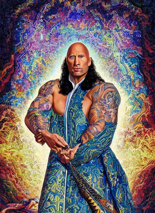 Image similar to beautiful oil painting, portrait of Dwayne the rock Johnson as Louis xiv in coronation robes 1701, Dan Mumford, Dan Mumford, Alex grey, Alex grey, lsd visuals, dmt fractal patterns, entheogen, psychedelic, hallucinogen, highly detailed, ornate, vaporwave