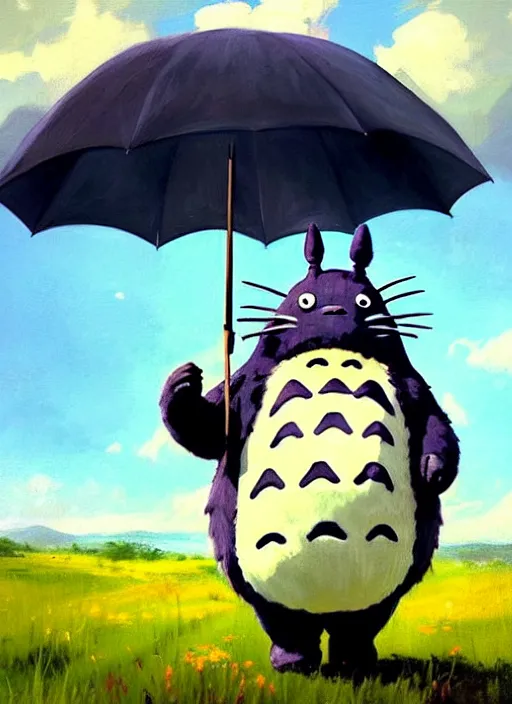 Image similar to portrait of adorable life size Totoro with umbrella, countryside near forest, calm, fantasy character portrait, dynamic pose, above view, sunny day, thunder clouds in the sky, artwork by Jeremy Lipkin and Giuseppe Dangelico Pino and Michael Garmash and Rob Rey, very coherent asymmetrical artwork, sharp edges, perfect face, simple form, 100mm