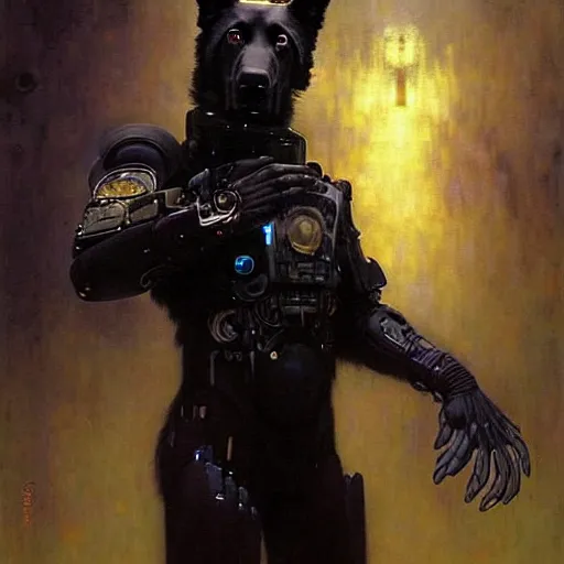 Prompt: portrait black german shepard dogman humanoid!!! bipedal!!! canine neuromancer. spaceship futuristic city. shadowrun cyberpunk fantasy d & d painting by gaston bussiere craig mullins jc leyendecker gustav klimt artgerm greg rutkowski john berkey, bergey, craig mullins, ruan jia, raymond swanland, tom lovell