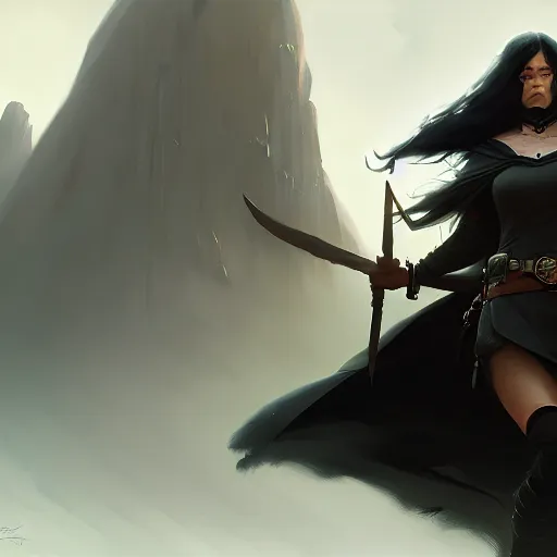 Prompt: a very tough looking adventurer girl with long black hair wearing a cape, trending on artstation, cinematic composition, detailed, hd, digital art, by greg rutkowski