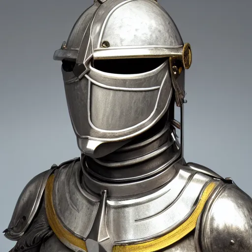 Image similar to bust portrait of a knight, high detail, silver, steel, helmet, ornate decoration, gold trim, octane, unreal 5