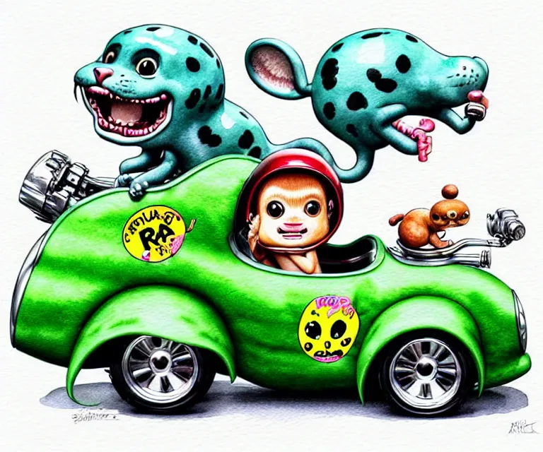 Image similar to cute and funny, baby jaguar wearing a helmet riding in a hot rod with oversized engine, ratfink style by ed roth, centered award winning watercolor pen illustration, isometric illustration by chihiro iwasaki, edited by range murata, tiny details by artgerm and watercolor girl, symmetrically isometrically centered, sharply focused