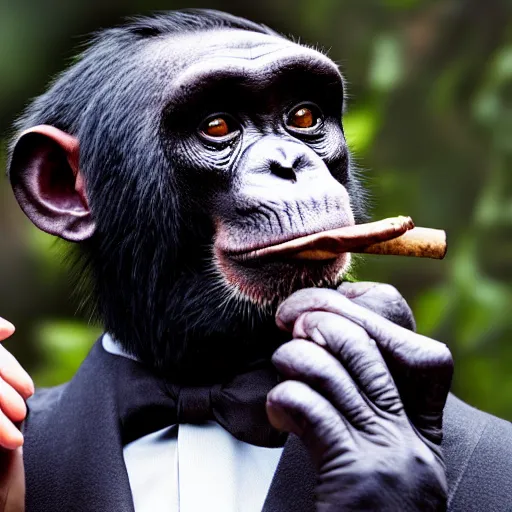 Prompt: a gentleman chimp who is smoking a cigar while presenting the weather report