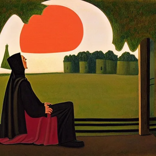 Prompt: grant wood's painting of dracula on the porch of a southern plantation at dusk, proudly gazing out on his cotton fields with the moon rising above. he is pale, with black hair and a black and red cape.