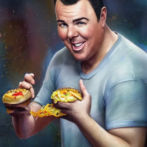 Image similar to hyperrealistic mixed media image of seth macfarlane eating a cheeseburger, stunning 3 d render inspired art by istvan sandorfi and greg rutkowski, perfect facial symmetry, realistic, highly detailed attributes and atmosphere, dim volumetric cinematic lighting, 8 k octane extremely hyper - detailed render, post - processing, masterpiece,