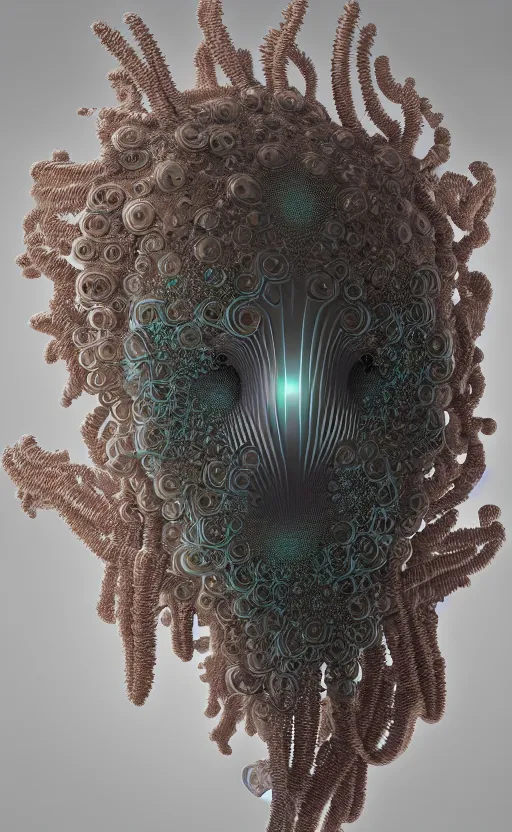 Image similar to portrait intricate mask, eagle coral, jelly fish, mandelbulb 3 d, fractal flame, octane render, cyborg, biomechanical, futuristic, by ernst haeckel