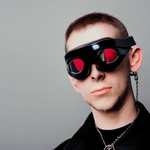 Image similar to kodak portra 4 0 0 photograph of a skinny cybergoth goth guy wearing goggles and eclectic jewelry, moody lighting, telephoto, 9 0 s vibe, blurred background