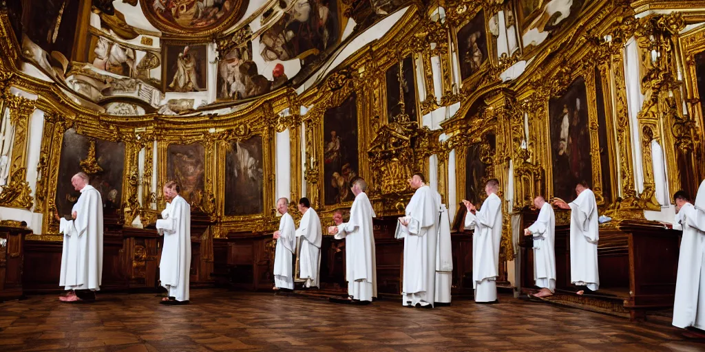 Image similar to photography of circle group of priests invoking ritual in a baroque intricate church
