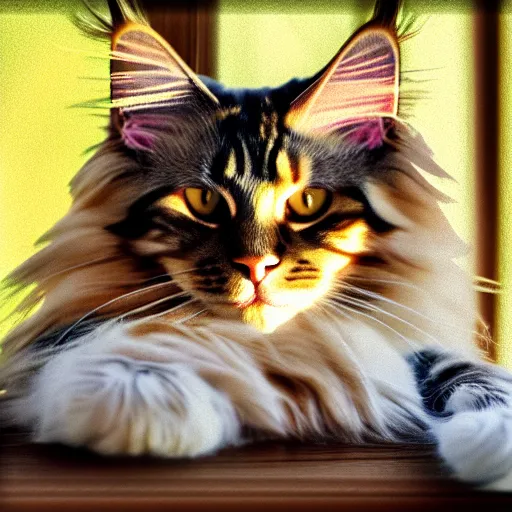 Image similar to portrait cream color maine coon cat curled up, bay window sofa, 8K, 4K, digital art, palette knife, photoshop, sumi-e, oversaturated lens flair, bokeh, sunbeam