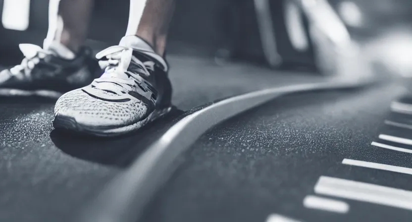 Prompt: close up on worn out running shoes running on a treadmill. cinematic lighting. dark and moody lighting. octane render. dark subdued tones.