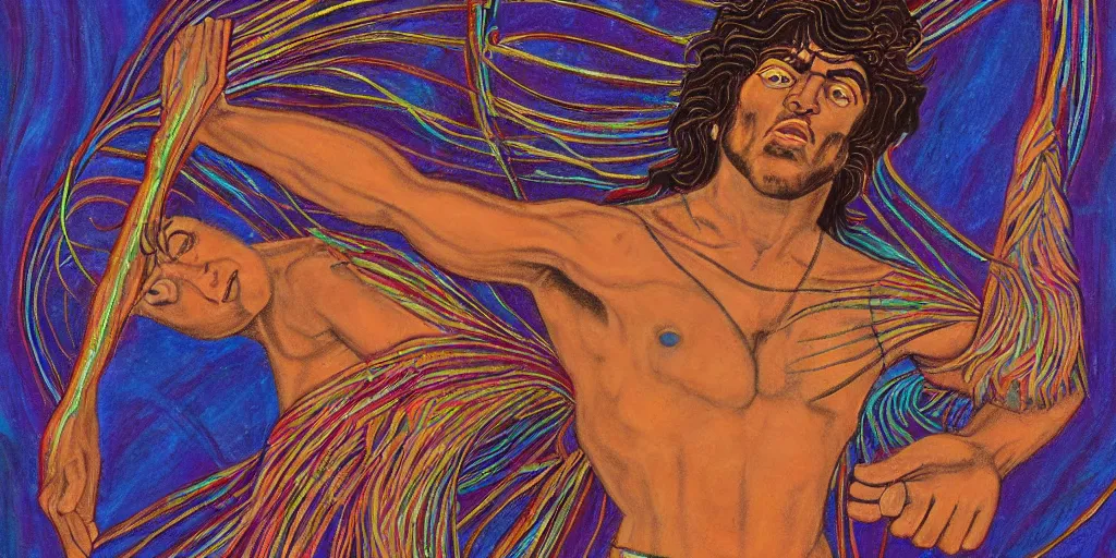 Image similar to an abstract spiritual background, a latino greek god dancing in ecstasy, clear eyes. 2 4 mm, photorealistic, muted color scheme, directed by mati klarwein