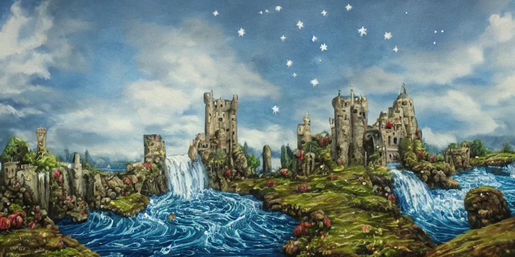 Image similar to <https://s.mj.run/S3Pu0N> oil painting, medieval fantasy, background of an isle with ancient castle ruin overrun with blue chaos magic, apple trees, apples, waterfalls, ponds, statues of heroes, golden::0.3 cloudy sky with many shimmering stars, goddesses in white::0.7 flowing silk dress, moody lighting, by brian froud and wayne barlowe and beeple::0.2, cg society, DSLR, trending on Artstation Unreal Engine VRay, octane 8k, phantasmagoric, hyperrealism, fresnel effect, very very detailed