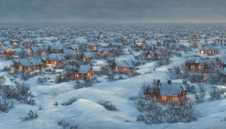 Image similar to an extremely detailed painting by cedric peyravernay of a large array of houses in a contested territory between the soviet union and america, snowy landscape, authoritarian vibes, extremely detailed, 4 k