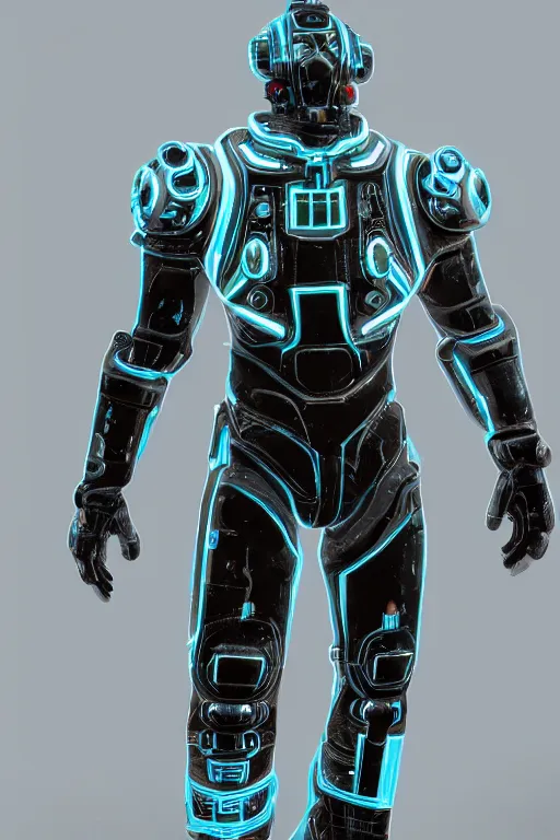 Prompt: highly detailed tron themed fallout 4 power armor, realistic cgi render, unreal engine,