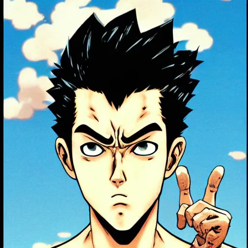 Image similar to young boy angry with pompadour hair, art by katsuhiro otomo, tetsuo hara, hirohiko araki, jotaro kujo, banchou, action pose, manga cover