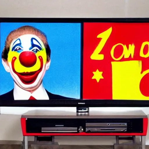 Image similar to photo of an 8 0's television with a president that has a clown face giving a speech