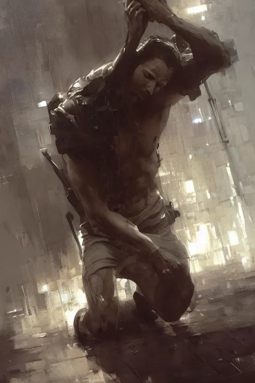 Image similar to man kneeling at the foot of a wooden cross, dramatic lighting art by Yoji Shinkawa by Richard Schmid by greg rutkowski by Sandra Chevrier by Jeremy Lipking cinematic dramatic, by frank miller, illustration by Ruan Jia and Mandy Jurgens and William-Adolphe Bouguereau, Artgerm, 4k, digital art, surreal, space dandy style, highly detailed, godsend, artstation, digital painting, concept art, smooth, sharp focus, illustration by Ruan Jia and Mandy Jurgens and William-Adolphe Bouguereau, Artgerm