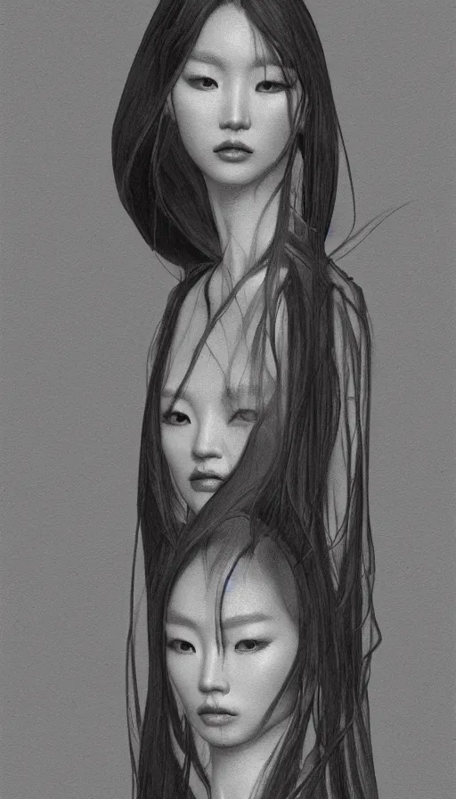 Image similar to model yoon young as the high priestess, by wangjie li, black and white graphite drawing, smooth render, 3 / 4 view