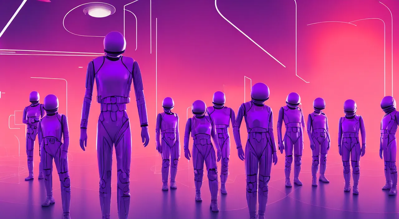 Image similar to hyper detailed bauhaus neon purple propaganda poster of mars workers from the 2050s cinematic lighting 8k wide angle shallow depth of field