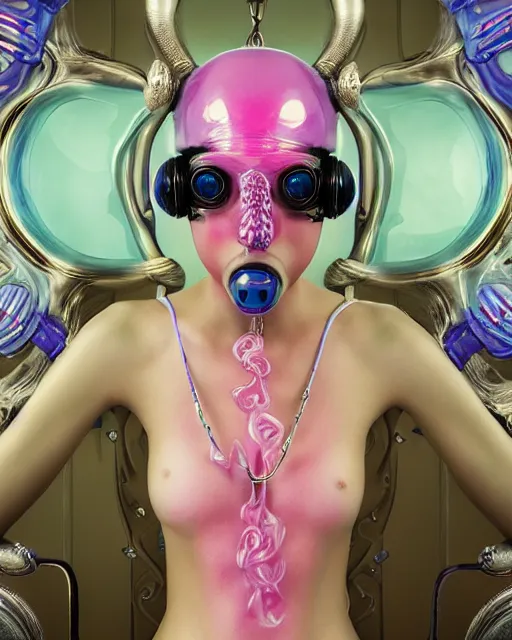 Image similar to natural light, soft focus portrait of a cyberpunk anthropomorphic squid with soft synthetic pink skin, blue bioluminescent plastics, smooth shiny metal, elaborate ornate head piece, piercings, skin textures, by annie leibovitz, paul lehr