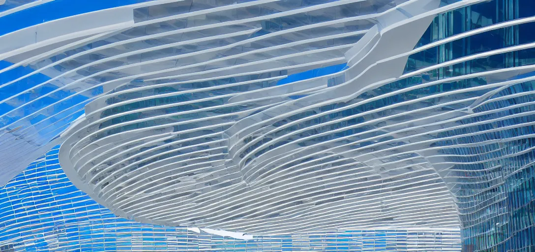 Prompt: curved roof planes lift and descend creating shade and architectural expression, highly detailed, vivid color, high resolution photography, mist, on top of a skyscraper