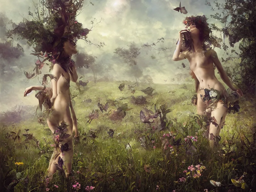 Image similar to a solarpunk very very very beautiful lush landscape of a beautiful nymph in a field are of broken stone words with cyborg workers picking up the broken stone and trying to put them back together, hyperrealistic, award - winning, masterpiece, in the style of tom bagshaw, cedric peyravernay, peter mohrbacher