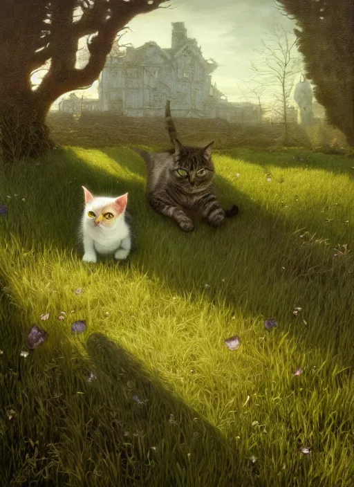 Image similar to the cat in the field from poppy and tulip, hyperrealism, no blur, 4 k resolution, ultra detailed, style of tyler edlin, tom bagshaw, arthur rackham, ivan shishkin