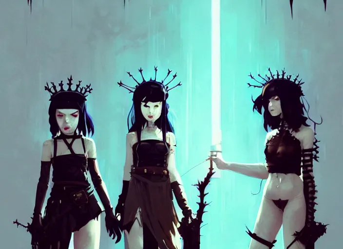 Image similar to two cute goth maiden girls with crown of thorns and white short hairs, dressed in leather belts, warhammer, cyberpunk, by atey ghailan, by greg rutkowski, by greg tocchini, by james gilleard, by joe gb fenton, by kaethe butcher, dynamic lighting, gradient light blue, brown, blonde cream and white color in scheme, grunge aesthetic