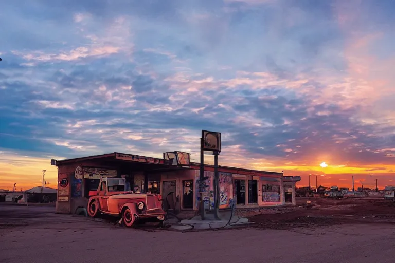 Image similar to a sunset light landscape with historical route 6 6, lots of sparkling details and sun ray ’ s, blinding backlight, smoke, volumetric lighting, colorful, octane, 3 5 mm, abandoned gas station, old rusty pickup - truck, beautiful epic colored reflections, very colorful heavenly, softlight