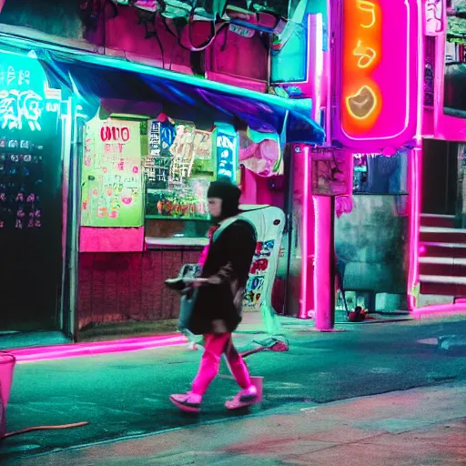 Image similar to capybara drinking bubble tea in cyberpunk, neon, pink and cyan seoul, detailed, street photography