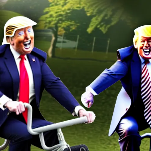 Prompt: joe biden and donald trump drunkenly riding a tandem bike together, laughing and joking, photorealistic, detailed