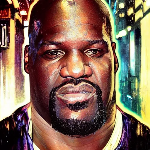 Image similar to shaquille o'neal, hyperrealistic portrait, bladerunner street, art of elysium by jeremy mann and alphonse mucha, fantasy art, photo realistic, dynamic lighting, artstation, poster, volumetric lighting, very detailed face, 4 k, award winning