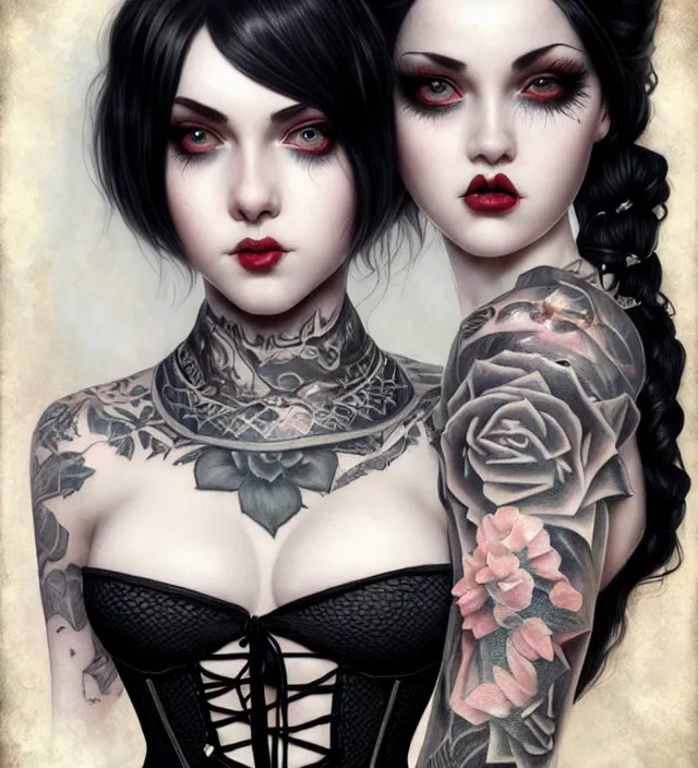 Image similar to two beautiful pale skin white eyed cosplay girls, black hair, fully tattooed body, fishnet corset with choker and whip on hand, symmetrical, beautiful detailed face, masterpiece, artstation contest winner, trending artgerm, paint by tom bagshaw