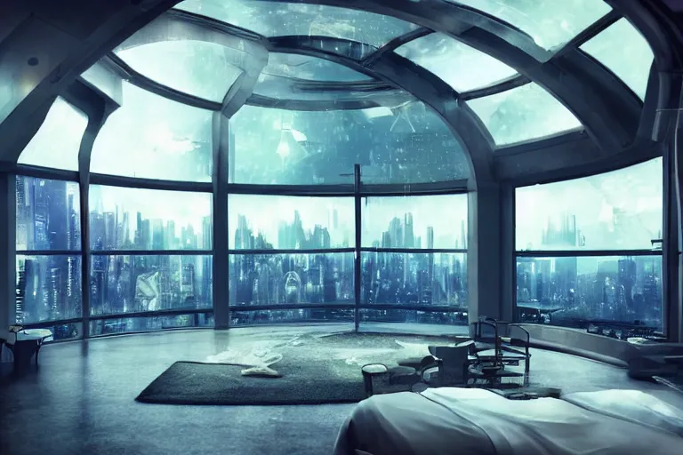 Image similar to a futuristic bedroom with large curved ceiling high windows looking out to a far future cyberpunk cityscape, cyberpunk neon lights, raining, scifi