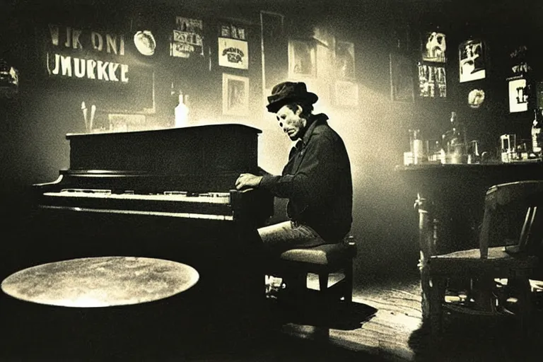 Image similar to tom waits playing an old piano in a dingy whiskey bar, cigarette smoke, broken jukebox, drunk asleep at a table, jack daniels, faded color photograph, moody, atmospheric, light rays through smoke