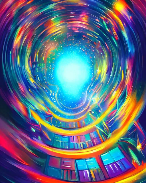 Prompt: multiverse painting, colorful, scifi, experimental, spheres. portals, black holes, wormholes, rays of light, highly detailed, cheerful, by studio ghibli, kun vic, masterpiece, award winning