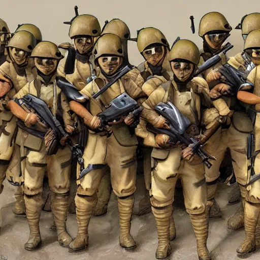 Prompt: An photorealistic image of platoon of cute little anthropomorphic kittens holding rifles and wearing helmets.