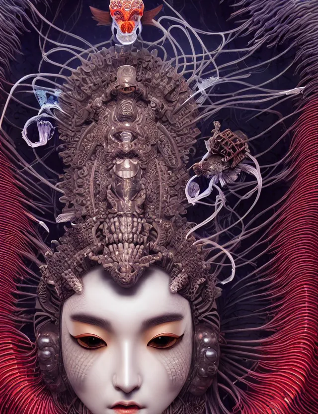 Image similar to 3 d goddess close - up frontal portrait with ram skull. beautiful intricately detailed japanese crow kitsune mask and clasical japanese kimono. betta fish, jellyfish phoenix, bio luminescent, plasma, ice, water, wind, creature, artwork by tooth wu and wlop and beeple and greg rutkowski