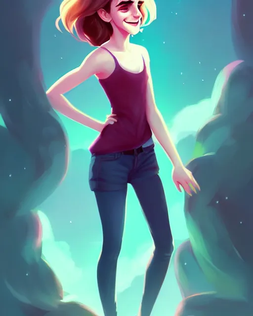 Image similar to beautiful full body Emma Watson goofy smiling illustration by lois van baarle and loish and ross tran and rossdraws and sam yang and samdoesarts and artgerm, digital art, highly detailed, intricate, sharp focus, Trending on Artstation HQ, deviantart