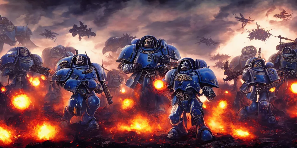 Image similar to warhammer 40k ultramarines, adeptus astartes, on the battle field, explosions and ruined empire on the background, digital art, illustration, wide angle, fine details, cinematic, highly detailed, octane render, 4k, unreal engine