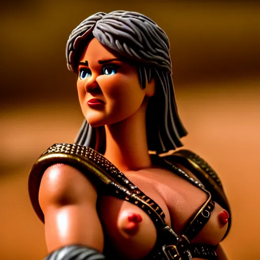 Image similar to a cinematic film still of a claymation stop motion film starring lucy lawless as xena warrior princess, shallow depth of field, 8 0 mm, f 1. 8