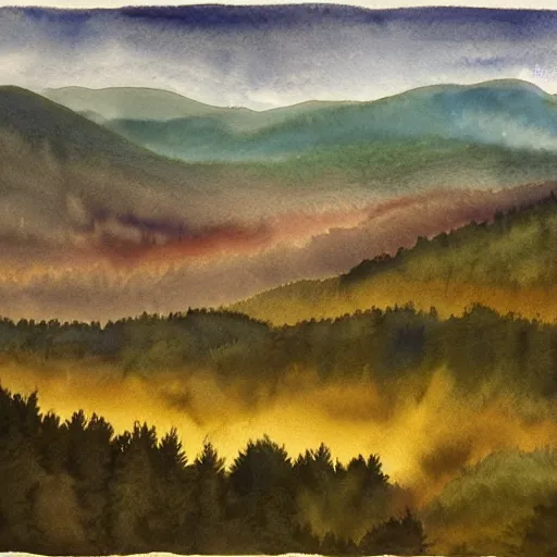 Image similar to a beautiful watercolor painting of an epic appalachian wilderness at dawn by georgia o'keeffe, wide angle shot, godrays, mystical, deep shadows, epic scale