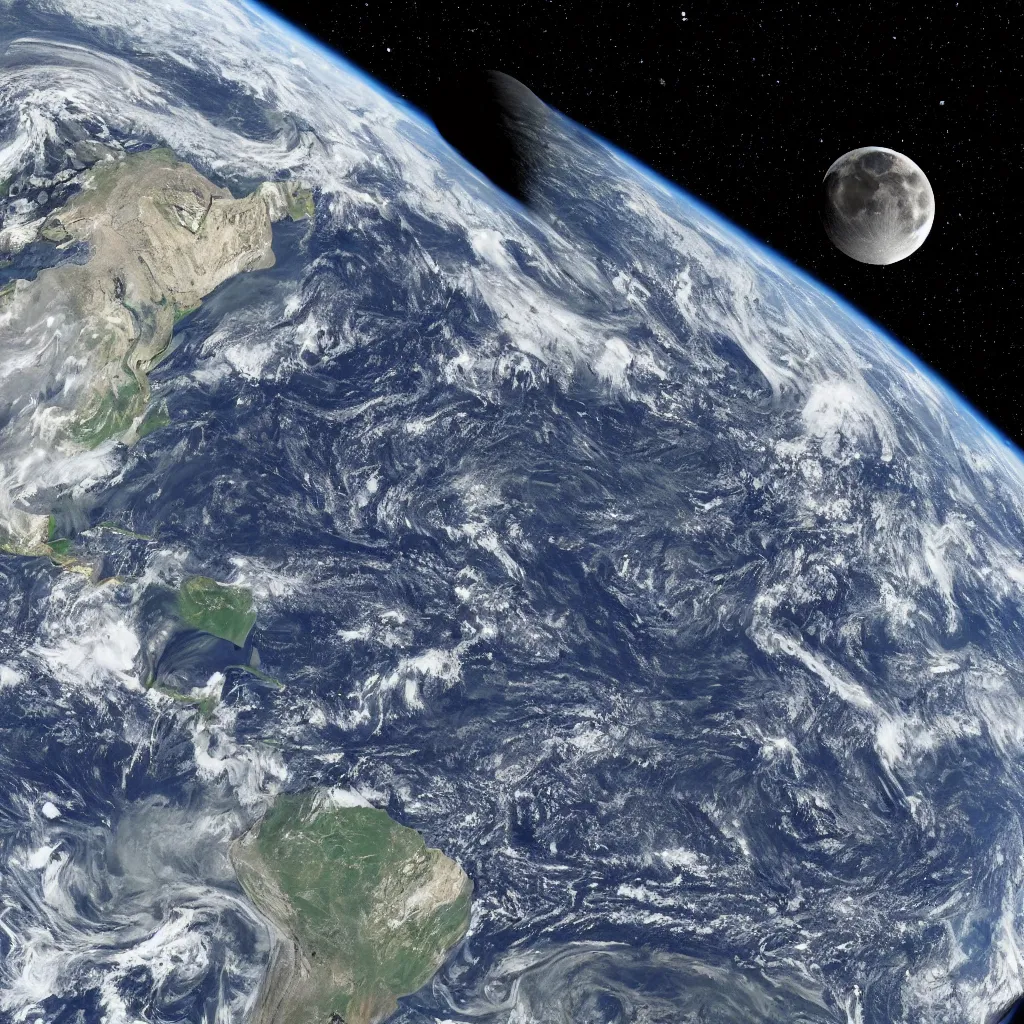 Prompt: view of earth from space being struck by the moon, art by mark cooper, 8 k, hyper detailed, hdr, intricate, masterpiece