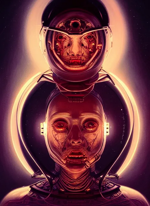 Image similar to symmetry!! portrait of astronaut, sci - fi horror, glowing lights!!, elegant, intricate, body horror, dark design, highly detailed, dark lighting, digital art, digital painting, artstation, smooth, sharp focus, illustration, art by artgerm and h r giger and greg rutkowski and alphonse mucha, 8 k