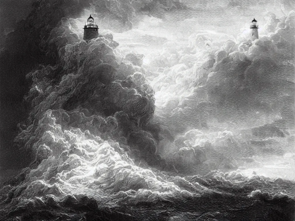 Image similar to “An engraving of a storm battering a lighthouse by Gustave Dore”