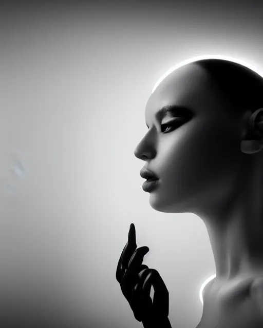 Image similar to black and white high quality photo of a beautiful futuristic dancing female posthuman-cyborg looking into a sci-fi mirror:: volumetric lighting, liminal space, brutalism, foggy, dreamy, hyperdetailed, bokeh, photorealistic, cinematic, masterpiece, Metropolis, elegant, dark, octane render, 8K, in the style of Dora Maar and Man Ray