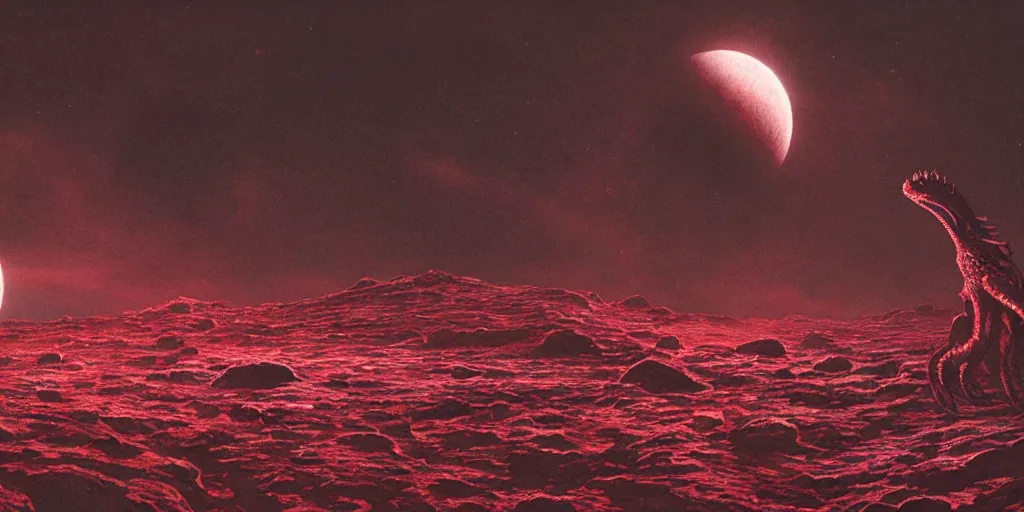 Image similar to giant <Cthulhu> silhouetted on lunar surface attacking <red spaceship>, photorealistic, wide-angle, long shot, epic, space, lunar backdrop