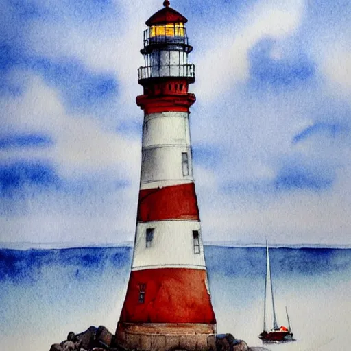 Image similar to Complex hyperdetailed serene masterpiece sketch of a captivating lighthouse, sailboats soaring in the wind, by Orris Moe, complex detailed watercolor painting, cinematic lighting, illogical surrealsim, absurd.